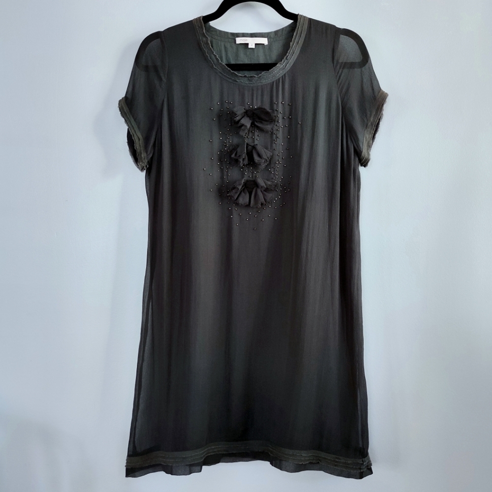 Maje silk over cotton short sleeve shift dress with bows & beading embellishment